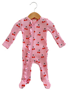 Organic waffle ruffle zip footie pink cherries