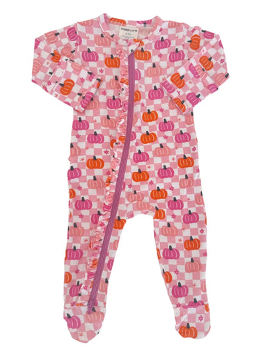 Pumpkin ruffle checkered 2 way zip footie
