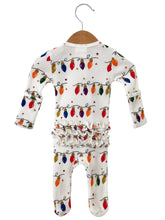 Load image into Gallery viewer, Organic waffle ruffle zip footie Christmas lights