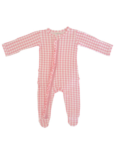 Organic waffle ruffle zip footie Pink Gingham