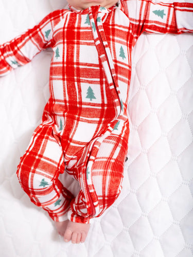 Plaid pines zip romper