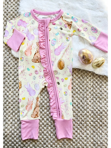 Easter candy pink  zipper onsie with ruffle