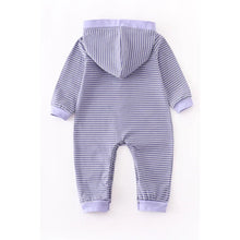 Load image into Gallery viewer, Lavender stripe button down hooded romper