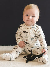 Load image into Gallery viewer, Baby footed zip romper whales