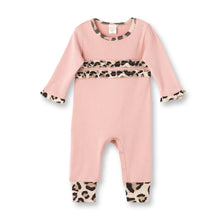 Load image into Gallery viewer, Coral romper with leopard trim
