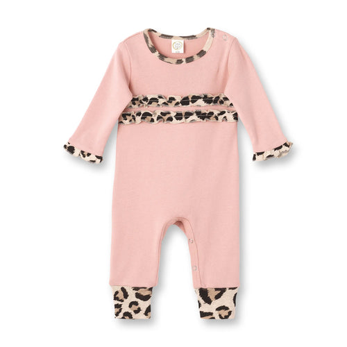 Coral romper with leopard trim