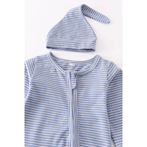 Blue stripe baby romper with hat