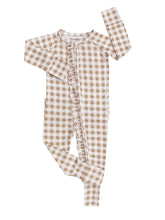 Load image into Gallery viewer, Beige gingham ruffle zip footed romper