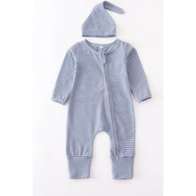 Load image into Gallery viewer, Blue stripe baby romper with hat