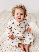 Load image into Gallery viewer, Pine cones gathered button romper