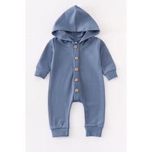 Load image into Gallery viewer, blue button down hooded romper