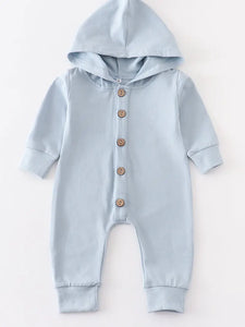 Baby blue button down hooded romper