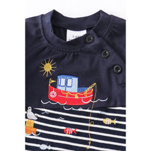Load image into Gallery viewer, Navy blue striped boat romper