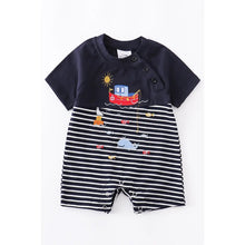 Load image into Gallery viewer, Navy blue striped boat romper