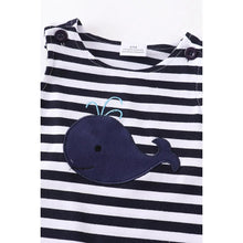 Load image into Gallery viewer, Navy striped whale romper
