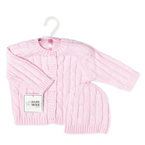 Pink cable knit cardigan and beanie