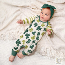 Load image into Gallery viewer, Shamrock and clover St. Patrick’s romper