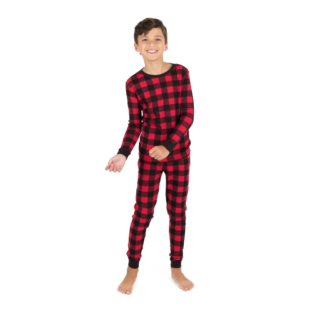 Two piece black and red plaid cotton pajamas