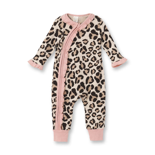 Leopard coral ruffle kimono zipper romper
